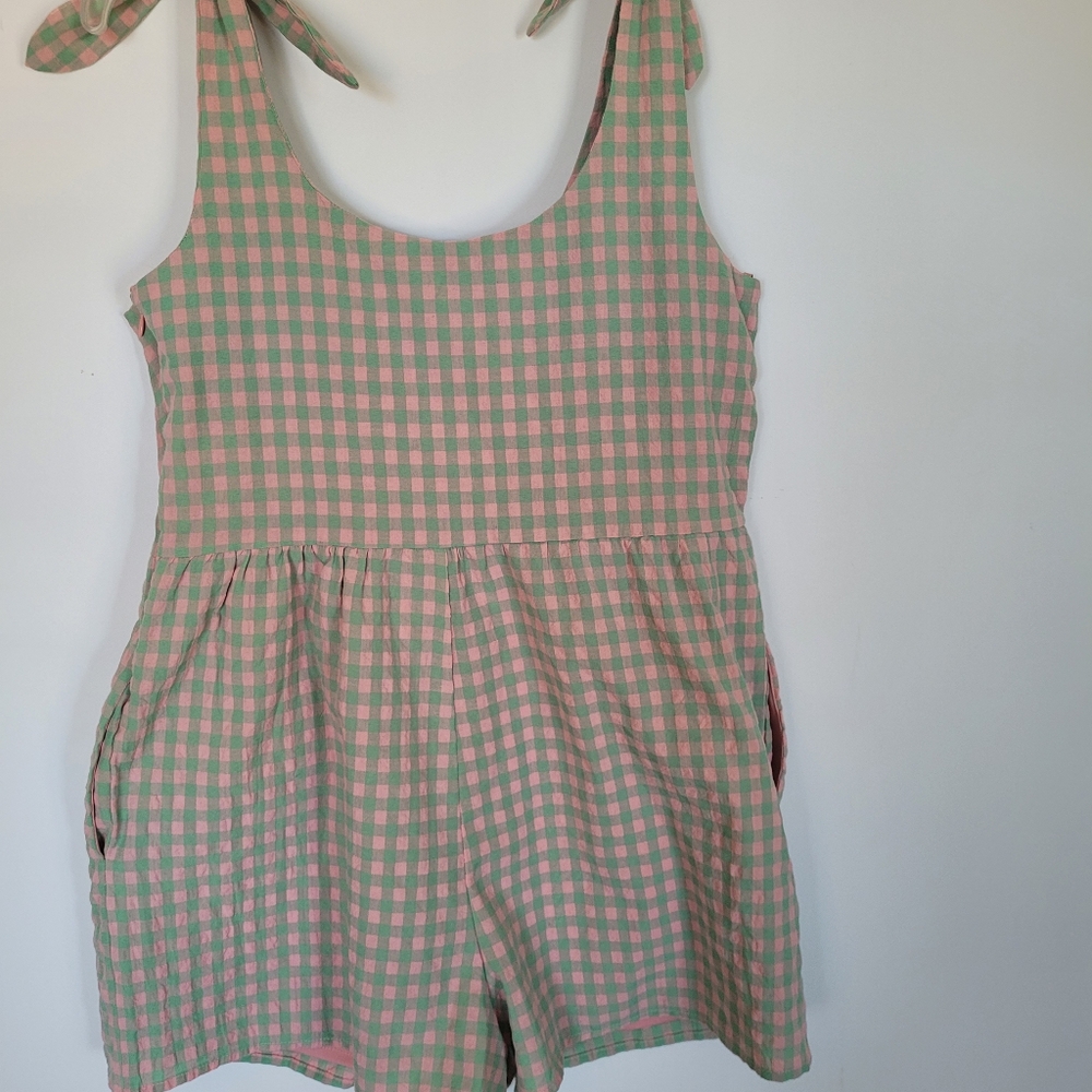 one clothing Pink and Green Gingham Tie-Shoulder Romper - Picture 8 of 14